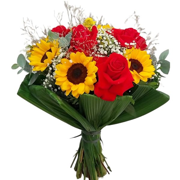 BOUQUET COMPACTO ROSAS COLOMBIANAS COM GIRASSÓIS E ASTROMÉLIA - Imagem 2