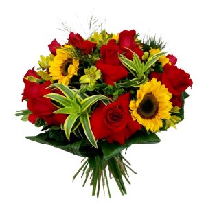Bouquet 12 Rosas Colombianas com 4 Girassois