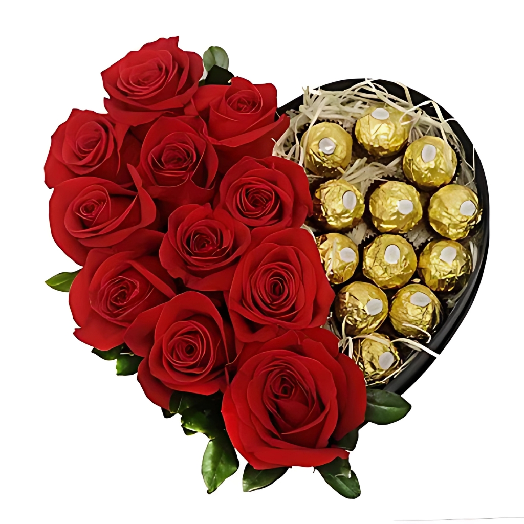 Coração de Rosas com Chocolate Ferreiro Rocher