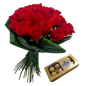 Bouquet compacto 36 Rosas + Ferrero 8 Unidades