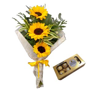 Bouquet 3 girassois + Ferrero 8 Unidades