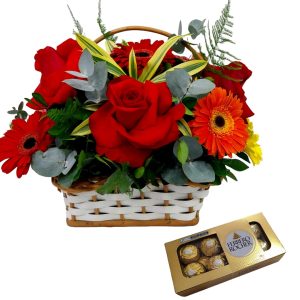 Cesta de Rosas Colombianas com Gerberas + Ferrero 8 Unidades