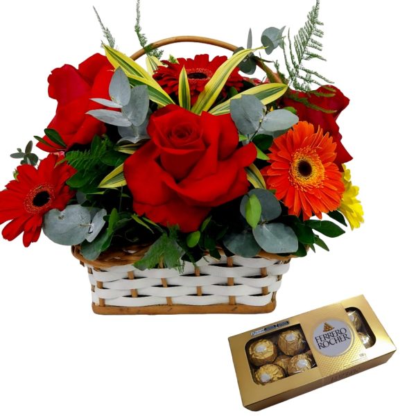 Cesta de Rosas Colombianas com Gerberas + Ferrero 8 Unidades
