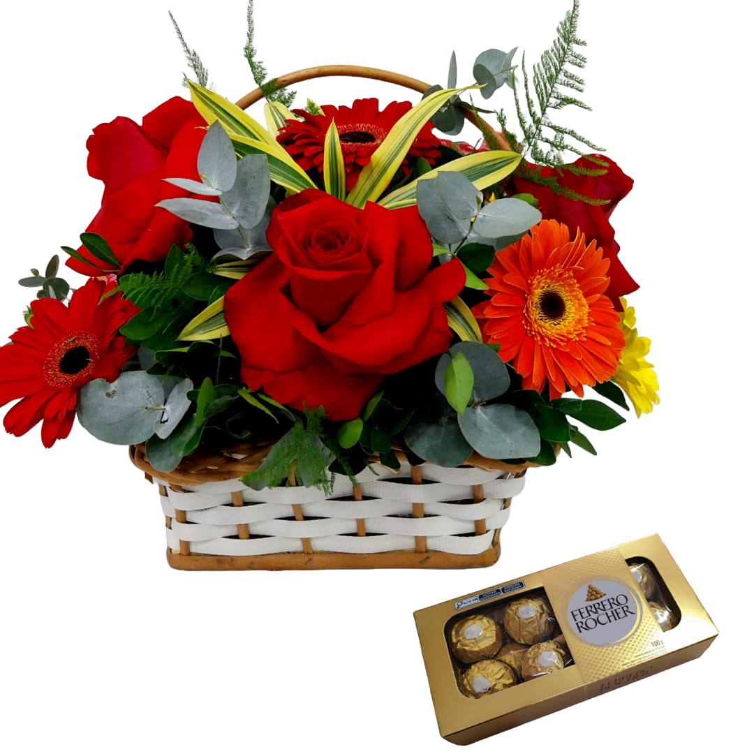 Cesta de Rosas Colombianas com Gerberas + Ferrero 8 Unidades