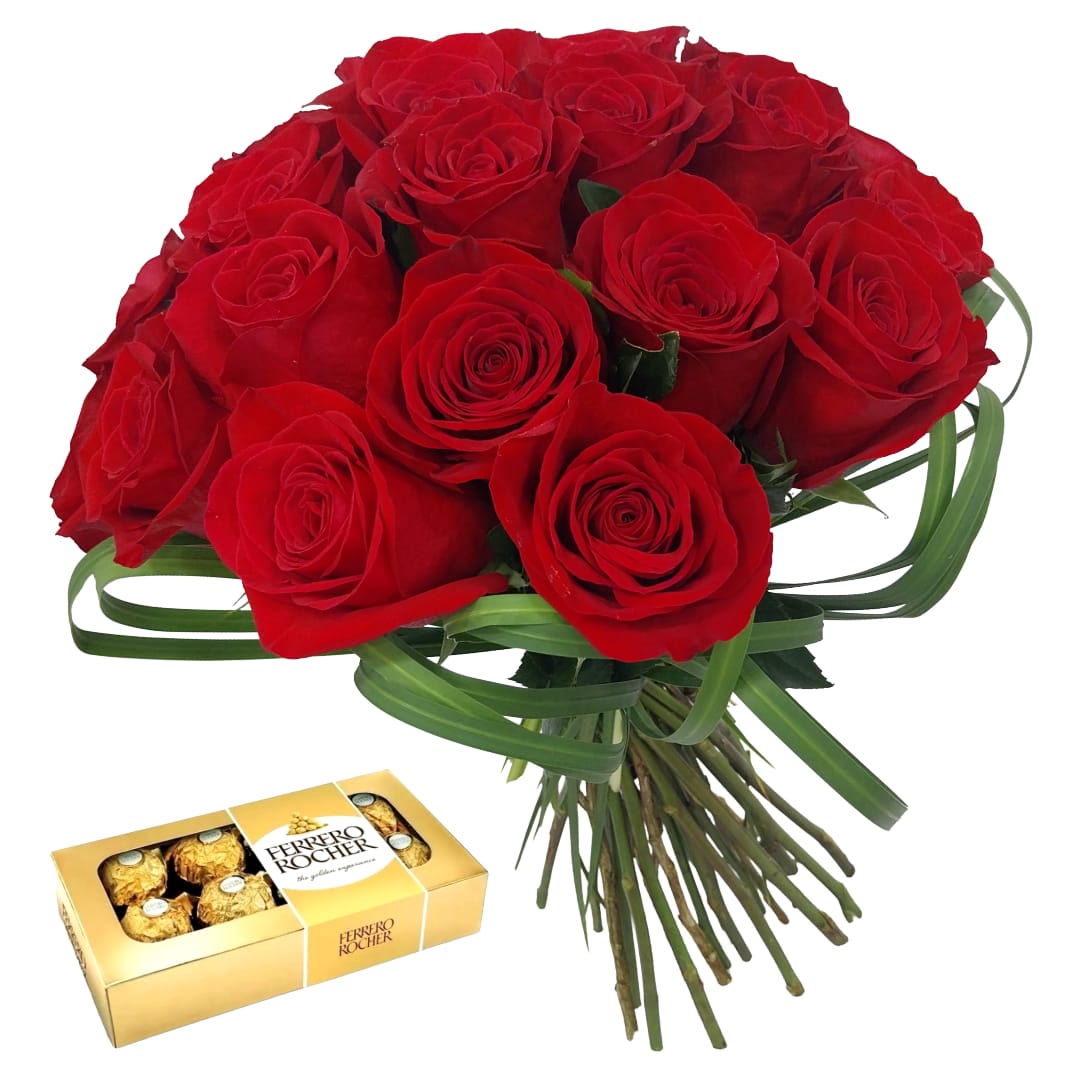 Bouquet Compacto 12 Rosas + Ferrero 8 Unidades