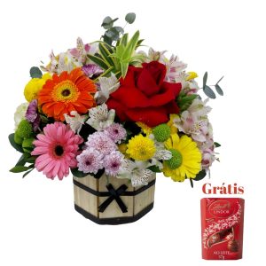 Cesta Redonda de Flores Mistas com Rosas Colombianas