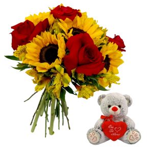 Arranjo Vida Girassol com Rosas e Urso