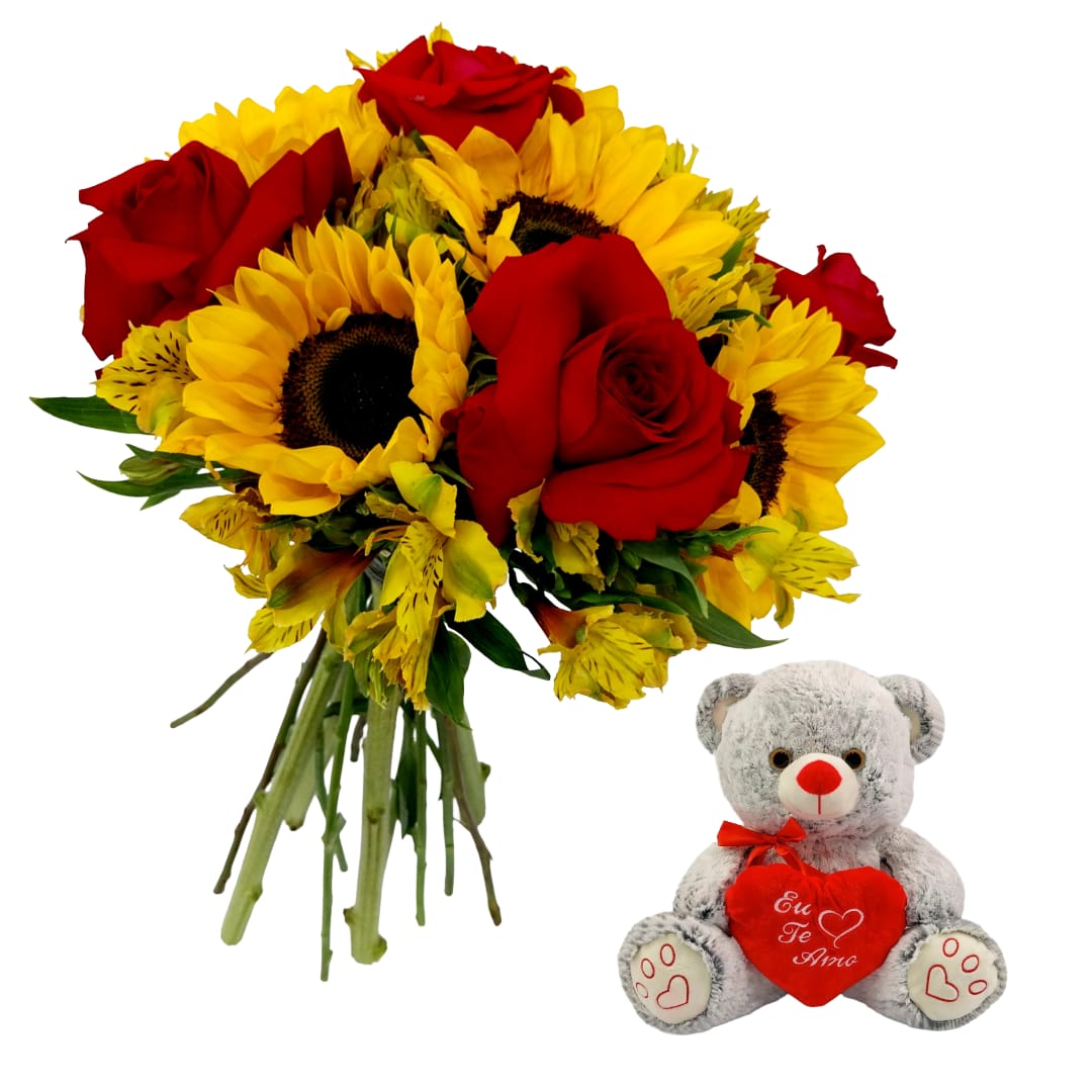 Arranjo Vida Girassol com Rosas e Urso
