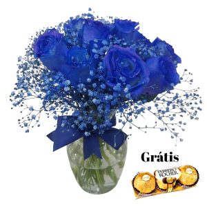 12 Rosas Colombianas azuis no Vaso com chuva de Prata