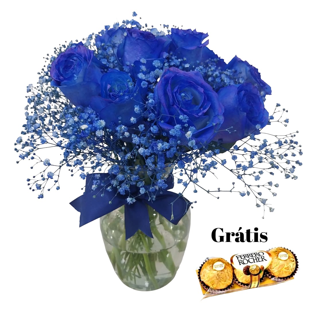 12 Rosas Colombianas azuis no Vaso com chuva de Prata