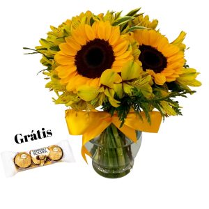 Arranjo de girassol com astromélia no Vaso