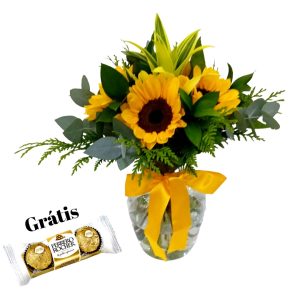 Arranjo de girassol no vaso de vidro + Ferrero Gratis