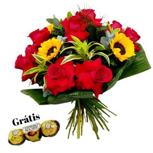 Bouquet 12 Rosas Colombianas e 4 Girassois