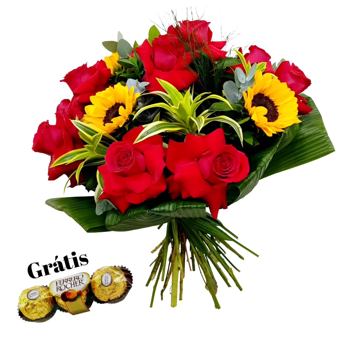 Bouquet 12 Rosas Colombianas e 4 Girassois