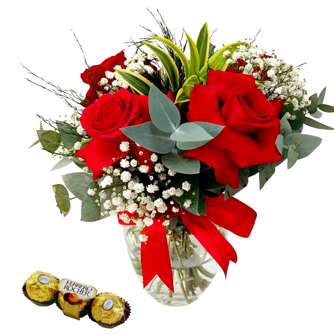 Arranjo 4 Rosas Colombianas no Vaso + Ferrero Rpcher