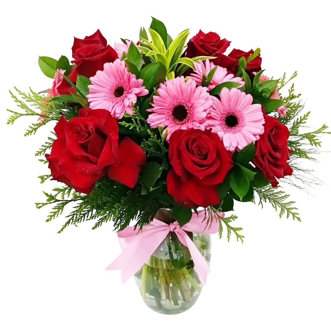 Arranjo de Rosas Colombianas com Gerberas na B de Vidro