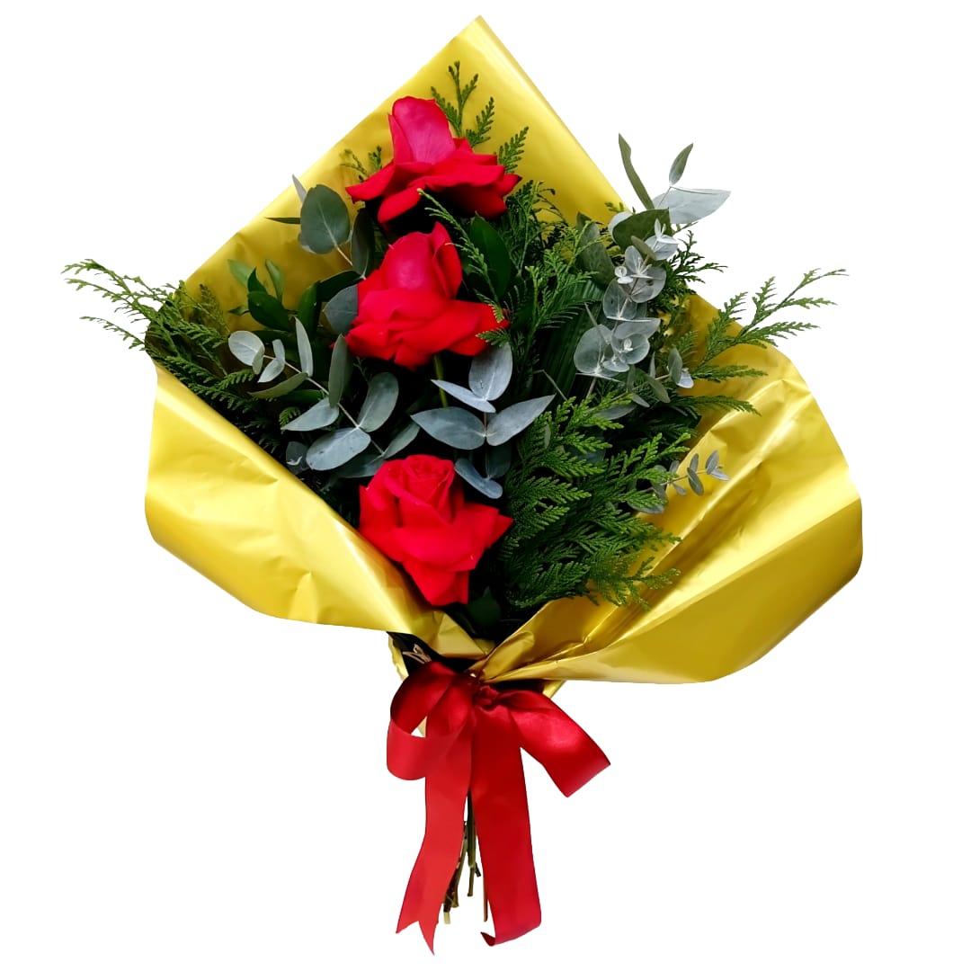Bouquet espalmado com 3 Rosas Colombianas