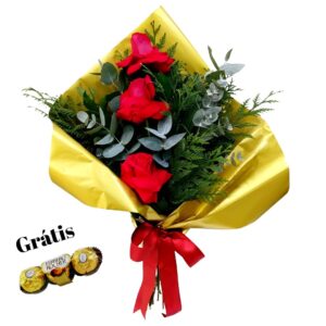 Bouquet espalmado com 3 Rosas Colombianas
