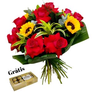Bouquet 12 Rosas Colombianas e 4 Girassóis + Ferrero