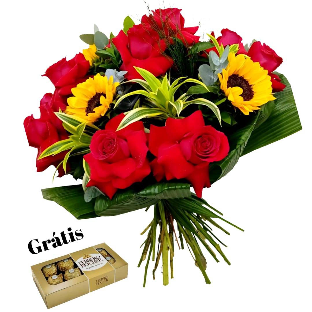 Bouquet 12 Rosas Colombianas e 4 Girassóis + Ferrero