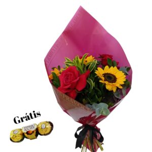 Bouquet 3 Girassois com 3 Rosas Colombianas