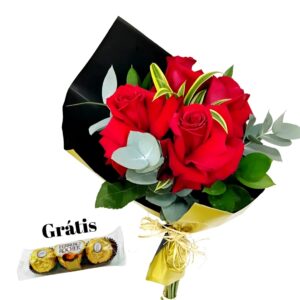Bouquet Namorados 4 Rosas Colombianas + Ferrero