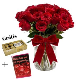 24 Rosas Colombiana em Vaso de Vidro