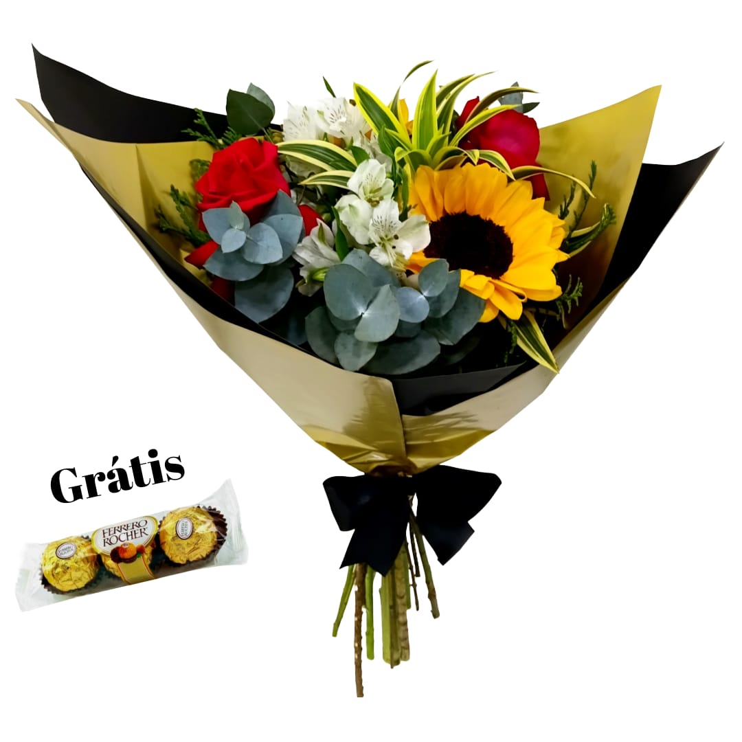 Bouquet flores Mistas com Girassol e rosas colombianas