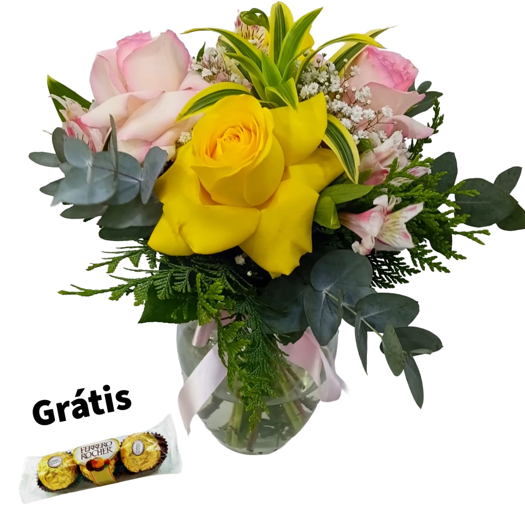 Arranjo 4 Rosas Colombianas no Vaso + Ferrero Rocher