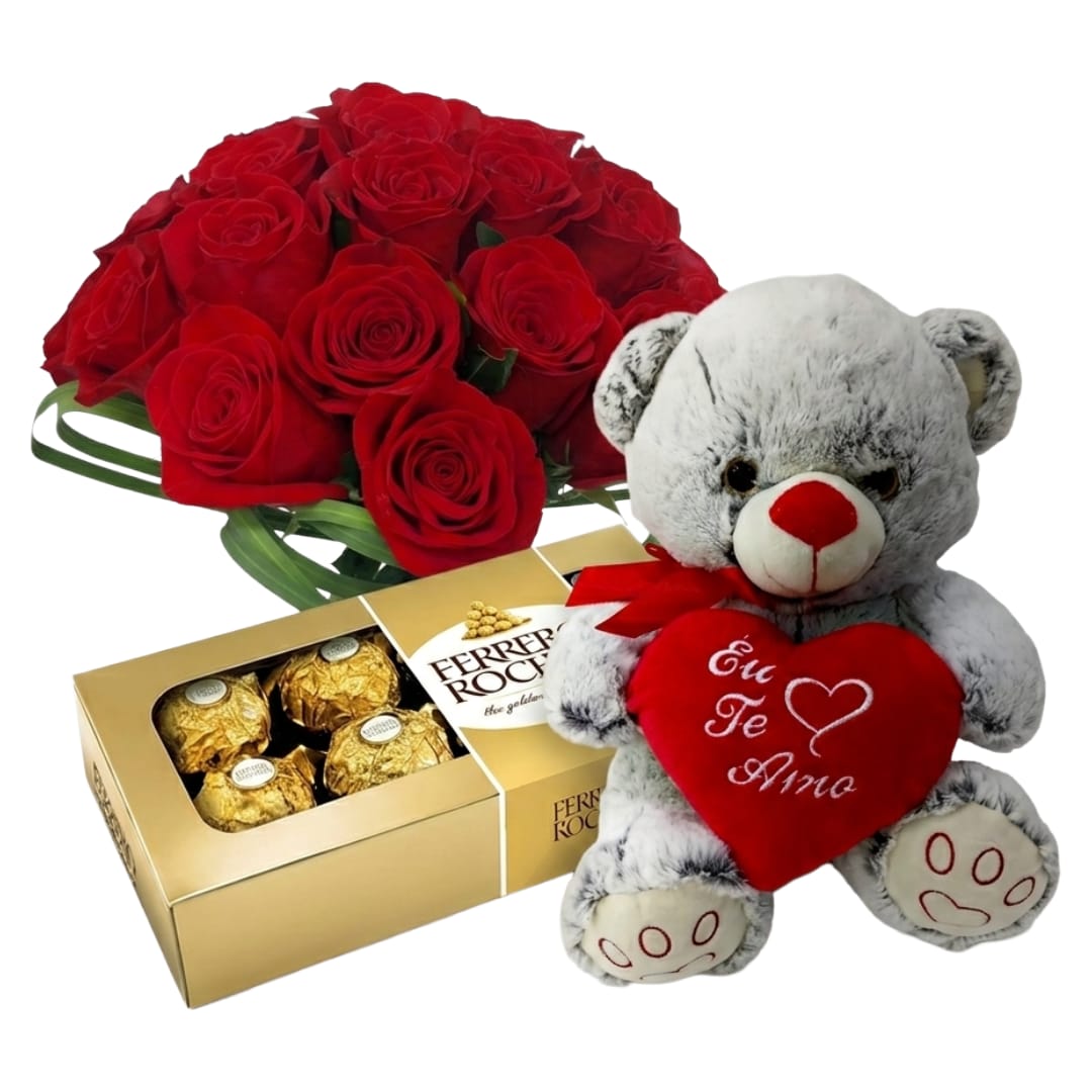 Kit Carinho - Rosas Colombianas + Ferrero + Urso