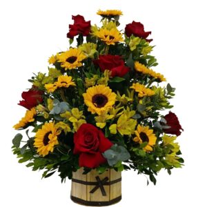 Cesta de Rosas Colombianas com Girassol de Frente