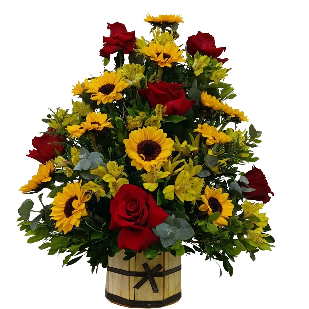 Cesta de Rosas Colombianas com Girassol de Frente